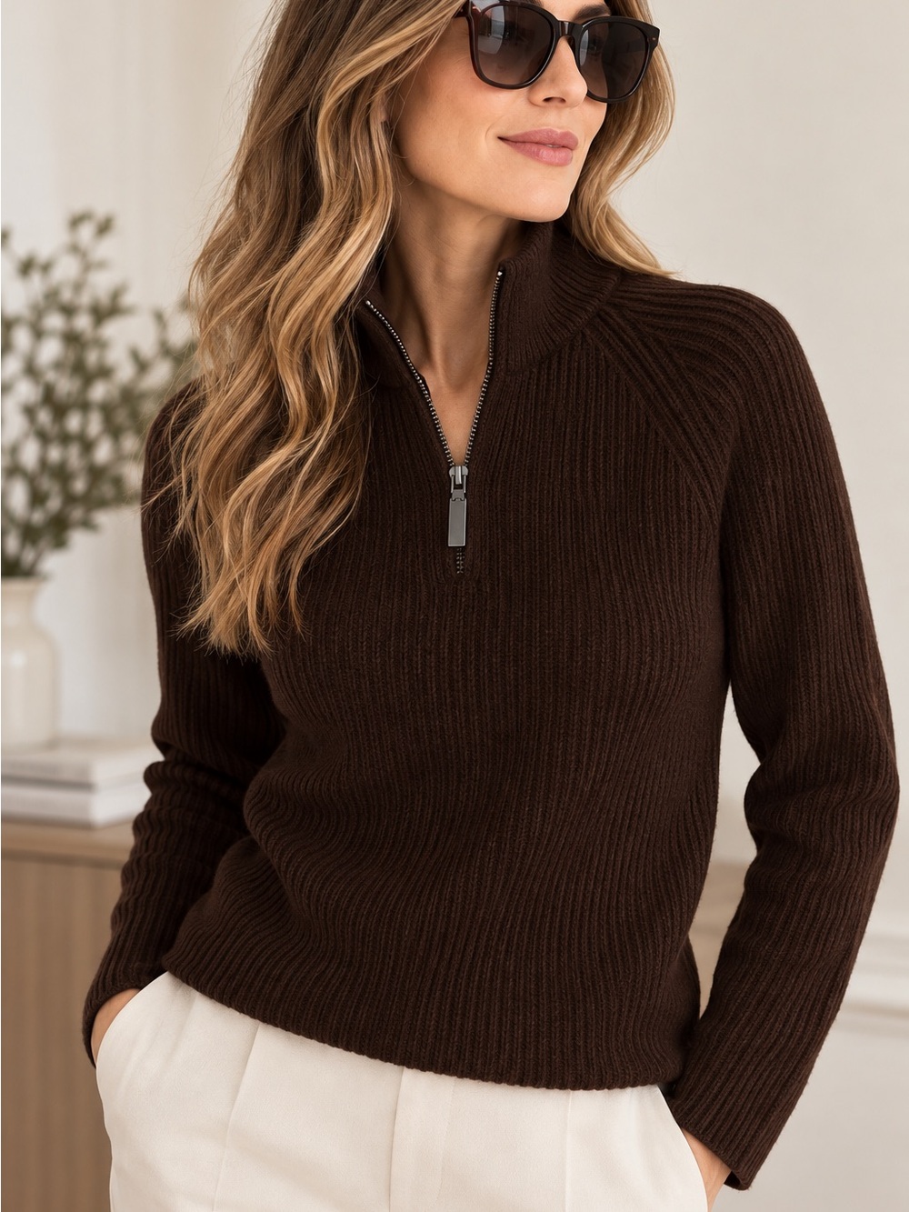 Banana Republic Chocolate Brown Ribbed Half-Zip Turtleneck Sweater